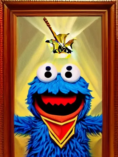 Prompt: A Masonic Portrait of Cookie Monster as Elevated Grand Master of the 33rd Degree, oil on canvas