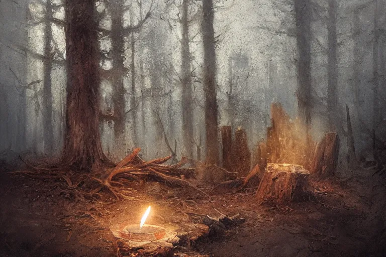 Image similar to matte painting of a lit candle in a dead stump of a tree, by jeremy mann and greg rutkowski, intricate cinematic light, oil on canvas