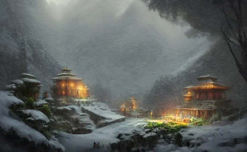 Prompt: Beautiful lush eden garden on top of the highest mountain in the world, snow storm, next to a mystical temple, intricate, elegant, volumetric lighting, digital painting, highly detailed, artstation, sharp focus, illustration, concept art, ruan jia, steve mccurry