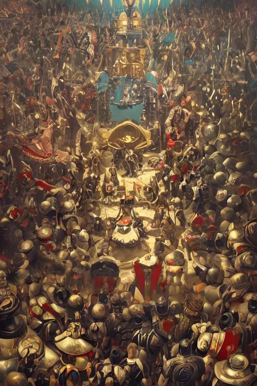 Image similar to Court warhammer harlequin surrounded by crowd, next to the king's throne, futuristic, oil on canvas, digital painting, artstation, concept art, smooth, sharp focus, illustration, artstation trending, perfect composition, golden ratio, beautiful detailed, cinematic, hyper realism, high detail, octane render, 8k, greg rutkowski very coherent symmetrical artwork