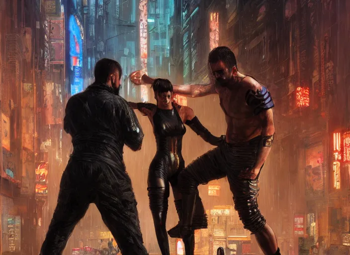 Prompt: cyberpunk jujitsu match ( blade runner 2 0 4 9, dystopian, cyberpunk 2 0 7 7 character design ). orientalist portrait by john william waterhouse and james gurney and theodore ralli and nasreddine dinet, oil on canvas. cinematic, hyper realism, realistic proportions, dramatic lighting, high detail 4 k