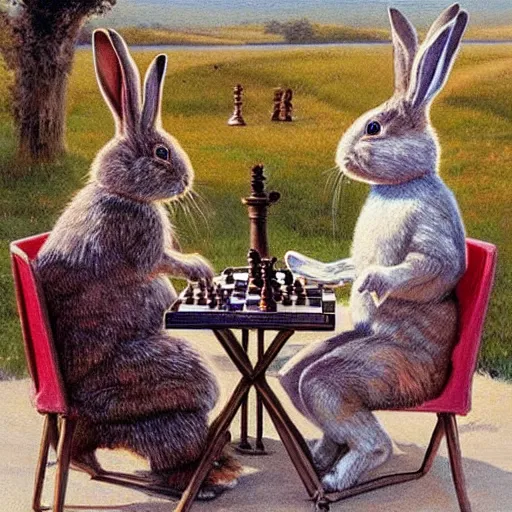 Prompt: rabbits smoking pipes and playing chess. Painting of rabbits in sweaters by James Gurney.