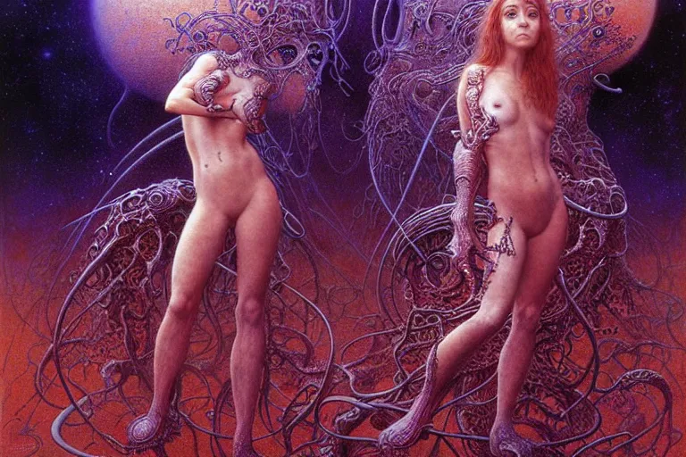 Prompt: cute young alyson hannigan with short hairs on lovecraftian planet by jean delville by luis royo and wayne barlowe, beksinski