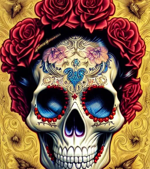 Image similar to a beautiful fancy skull lady by dan mumford and gil elvgren, sugar skull, hyperrealism, intricate details, exceptional, fool, high contrast