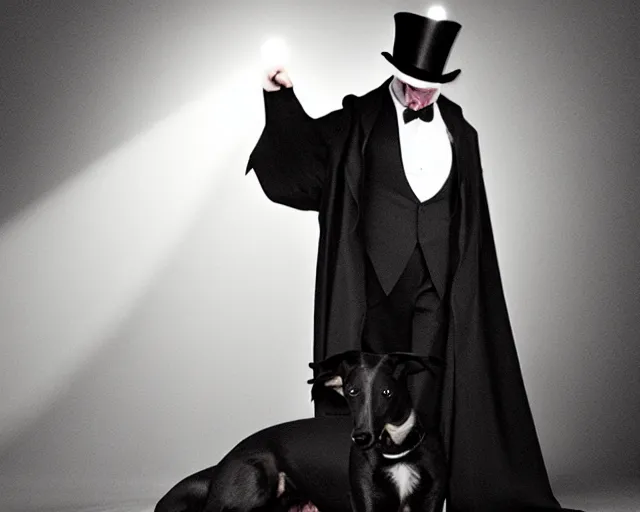 Image similar to greyhound wearing a black cloak and a top hat, under a spotlight, magician dog performing on stage, dapper greyhound