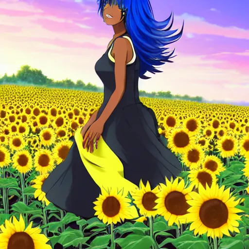 Prompt: highly detailed Anime visual of a black woman with blue hair and a yellow floral dress walking in a sunflower field during sunset, official media, drawn by Natsuki Takaya, cute