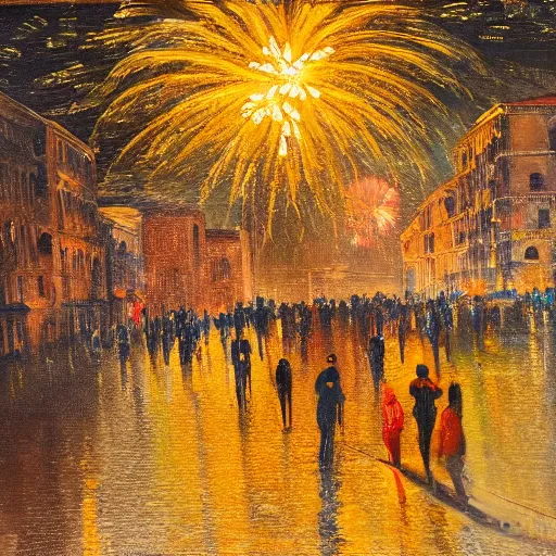 Image similar to an oil painting of fireworks, with happy people in venice