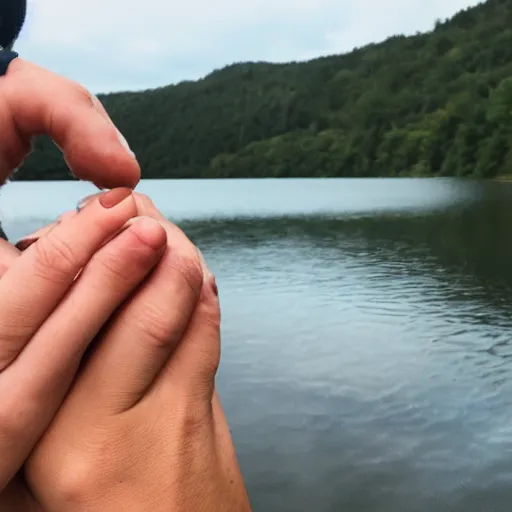 Image similar to two sad crumpets holding hands by a lake