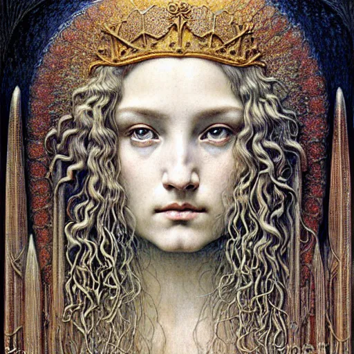 Image similar to detailed realistic beautiful young medieval queen face portrait by jean delville, gustave dore, zdzisław beksinski and marco mazzoni, art nouveau, symbolist, visionary, gothic, pre - raphaelite, art forms of nature by ernst haeckel, memento mori