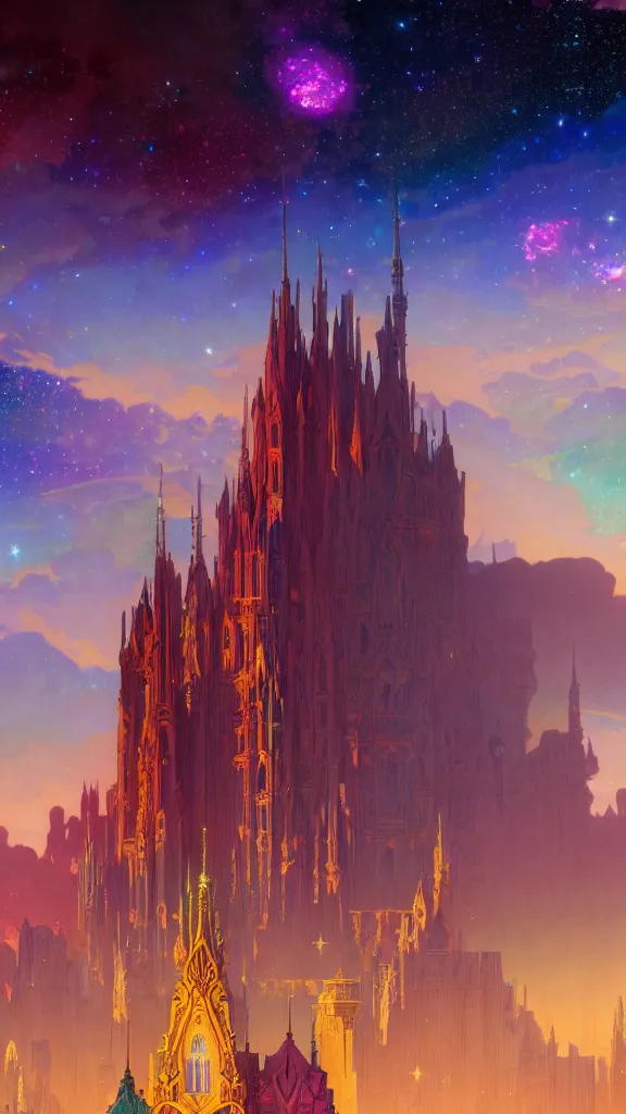 Image similar to a beautiful highly detailed matte painting of colorful castle nebulas by moebius, alphonse mucha, stars in the background, highly detailed, intricate design, cinematic view, 8 k resolution, octane render, trending on artstation and cgsociety