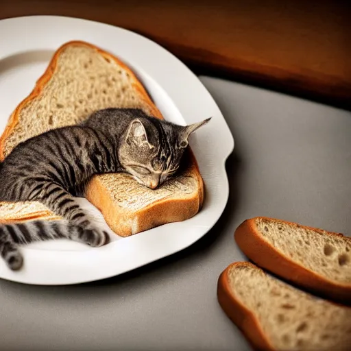 Image similar to a cat sleeping on the toast,realistic,award winning photograph,ultra realism,4k