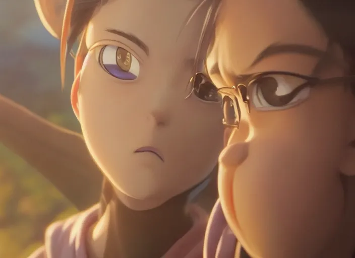 Prompt: a 3 d film animation still portrait of a 1 9 9 5's manga heroine, finely detailed features, sun light, painted by greg rutkowski, akira toriyama studio ghibli