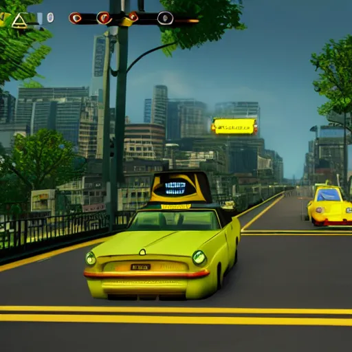 Image similar to ps 2 game about a frog driving a taxi, unreal 4 screenshot,