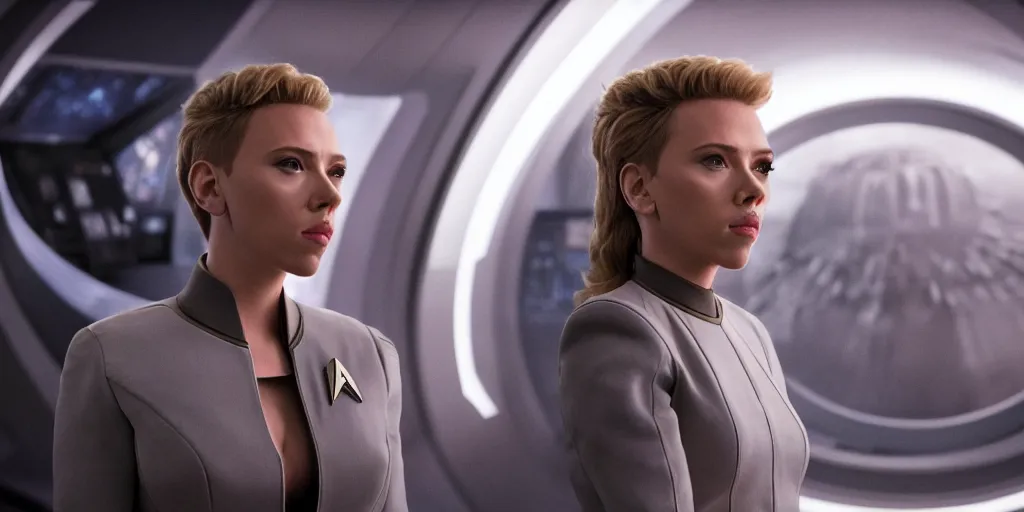 Prompt: Scarlett Johansson is the captain of the starship Enterprise in the new Star Trek movie, 8k