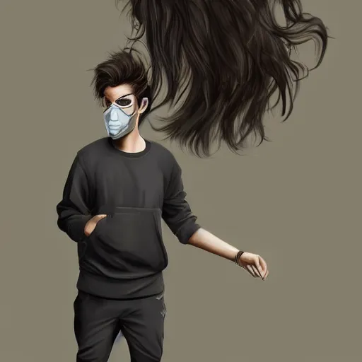 Prompt: professional digital art of a young adult man with slightly long hair wearing a black face mask and an oversized dark sweatshirt and dark sweatpants, high quality, HD, 8K, highly detailed, award-winning, sci-fi, fantasy, movie, show, tv series, actor, character