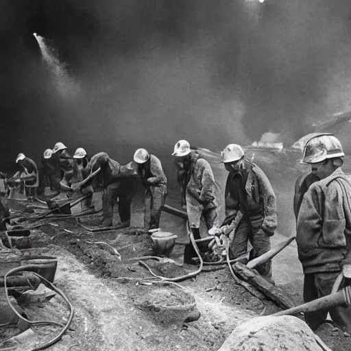 Image similar to an image of a group of men mining in a coal mine, in a medium full shot, russian and japanese mix, high - key lighting, warm lighting, overcast flat midday sunlight, a vintage historical fantasy 1 9 8 2 photo from life magazine.