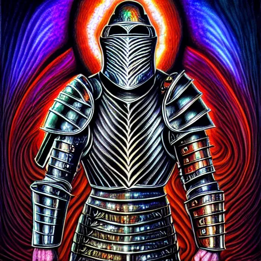 Image similar to medieval fantasy armored knight in the style of alex grey, TOOL band art, psychedelic, fractals, detailed, 8K