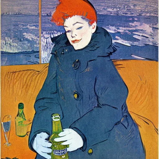 Image similar to a woman in a parka drinking a bottle of coka - cola in an icy polar environment, advertisement, 1 9 6 0's, by henri toulouse lautrec