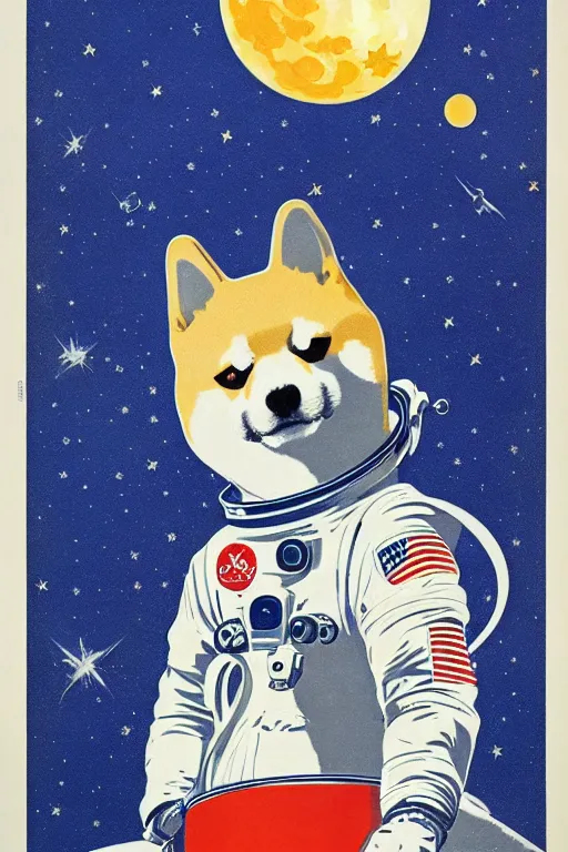 Image similar to Shiba Inu cosmonaut portrait, moon mission, 60s poster, 1968 Soviet Japanese