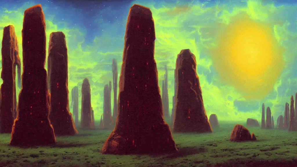 Prompt: mysterious megaliths of an alien civilization by paul lehr and john schoenherr, cinematic matte painting