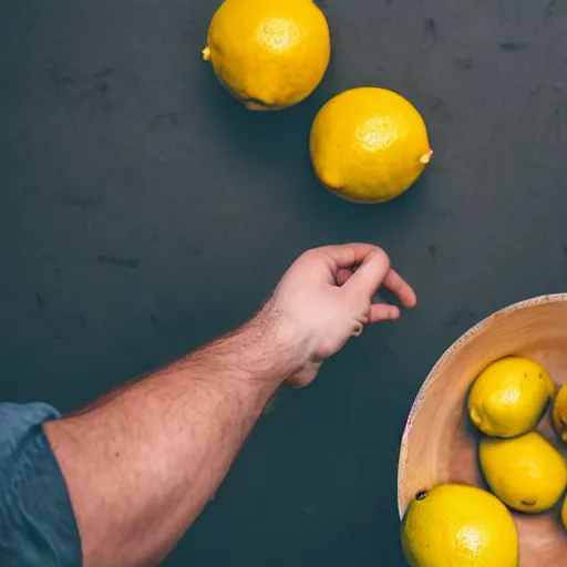 Image similar to man standing below bowl of lemons