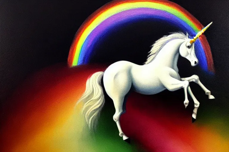 Image similar to detailed traditional painting of a unicorn walking on a rainbow, ((rainbow)) by Caravaggio, authentic, masterpiece, brush strokes, trending on artstation