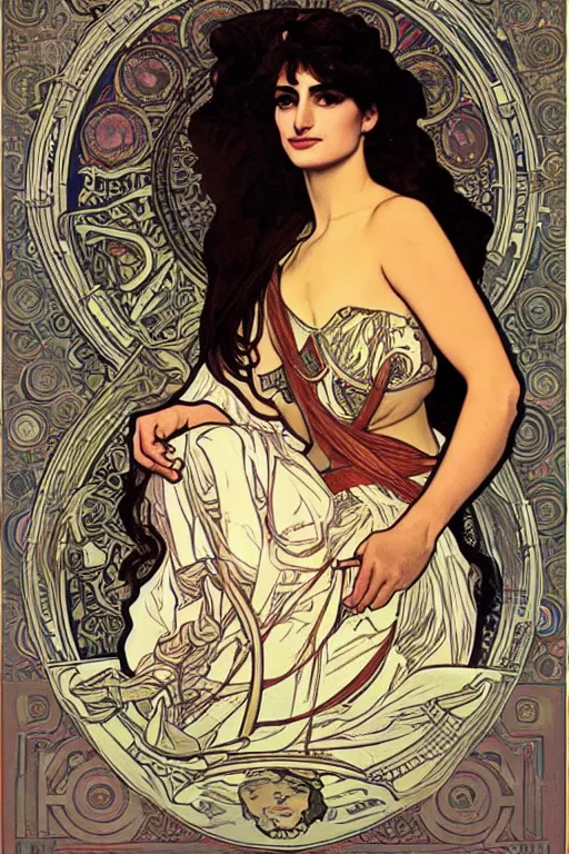 Image similar to portrait of penelope cruz, artwork by alphonse mucha