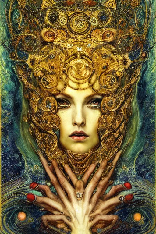 Prompt: Divine Chaos Engine by Karol Bak, Jean Deville, Gustav Klimt, and Vincent Van Gogh, beautiful visionary mystical portrait, sacred, otherworldly, fractal structures, surreal dreamscape, ornate gilded medieval icon, third eye, spirals