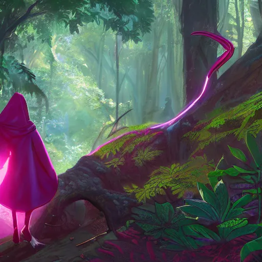 Image similar to concept art painting of an anthropomorphic lizard wearing magenta wizard robes, in the deep forest, realistic, detailed, cel shaded, in the style of makoto shinkai and greg rutkowski and james gurney