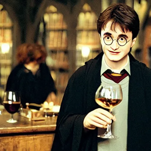 Prompt: harry potter drinking a glass of wine