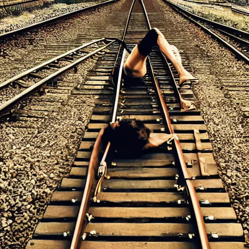 Image similar to justin sun bound in rope laying on train tracks,, beautiful cinematic lighting, epic composition, approaching train