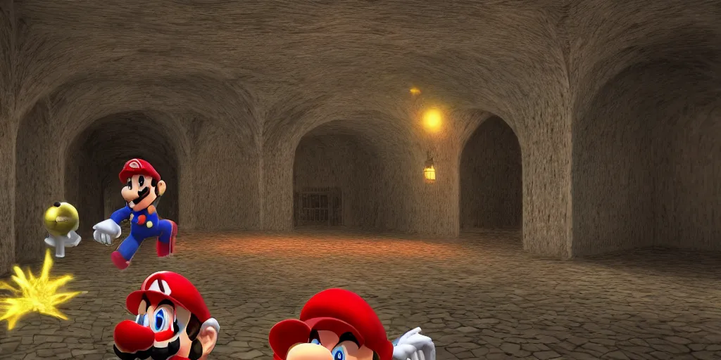 Prompt: super mario 6 4 creepypasta, realistic 4 k octane beautifully detailed render, 4 k post - processing, highly detailed, intricate complexity, epic composition, magical atmosphere, cinematic lighting, masterpiece, ultra hd