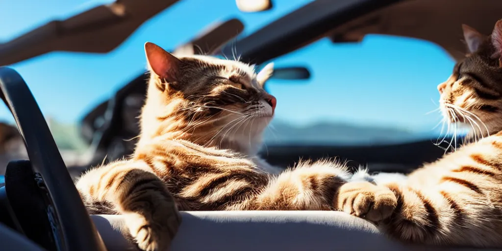 Prompt: side view of convertible, cat sitting relaxed in the driver seat with front paws on steering wheel, eyes closed, enjoying the sun, golden hour