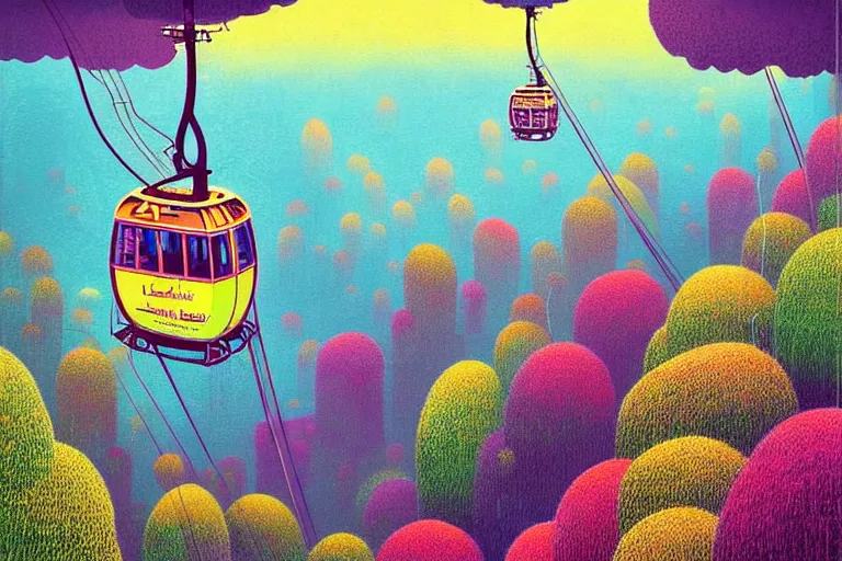 Prompt: surreal glimpse into other universe, langkawi cable car, summer morning, very coherent and colorful high contrast, art by!!!! gediminas pranckevicius!!!!, geof darrow, floralpunk screen printing woodblock, dark shadows, hard lighting, stipple brush technique,