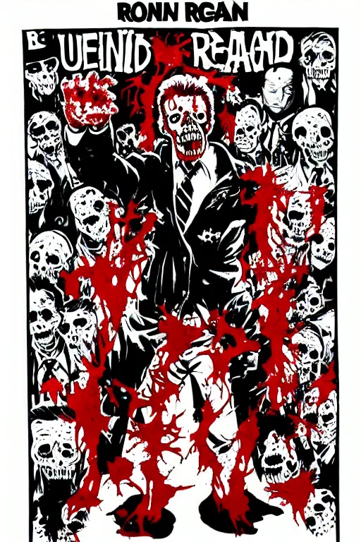 Prompt: undead ronald reagan zombie, punk rock poster, artwork by frank miller