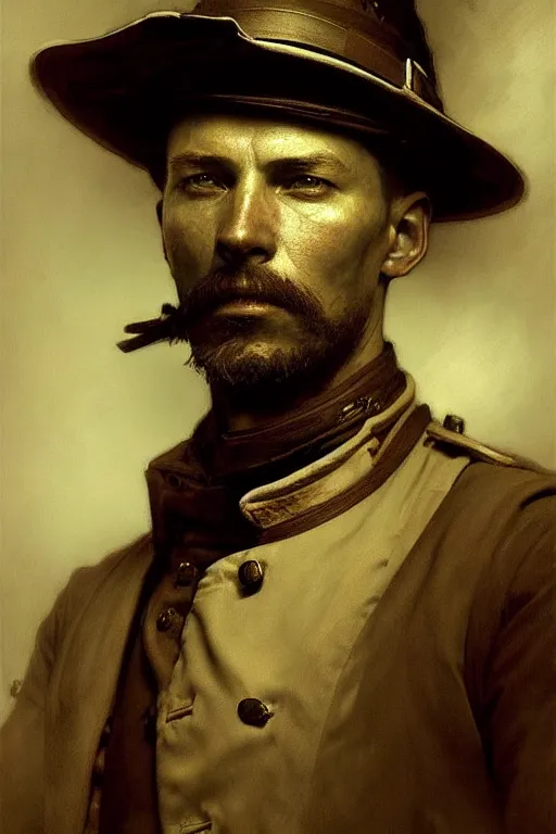 Image similar to hyperrealist portrait of a civil war soldier by jeremy mann and alphonse mucha, fantasy art, photo realistic, dynamic lighting, artstation, poster, volumetric lighting, very detailed faces, 4 k, award winning