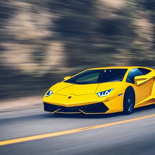 Image similar to Photograph of a yellow Lamborghini going fast on a highway, at night, 8k, focused, ultra-realistic, high detailed