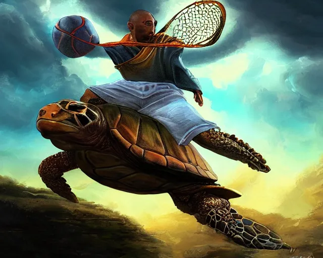 Image similar to kobe bryant riding on a turtle in heaven, fantasy art, illustration, epic art, fantasy, intricate, elgant, amazing detail, digital painting, artstation, concept art, smooth, sharp focus