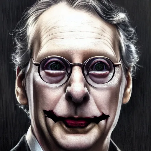 Image similar to Mitch McConnell as the Joker in Christopher Nolan's Dark Knight, cinematic movie poster, elegant, intricate, headshot, highly detailed, digital painting, artstation, concept art, sharp focus, illustration, art by artgerm and greg rutkowski and alphonse mucha
