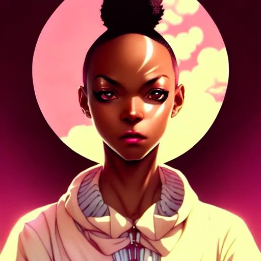 Image similar to portrait of a black anime manga girl with short french bob hair, by artgerm, james jean, tom bagshaw, gerald brom, vaporwave colors, lofi colors, vaporwave, lofi, goth vibe, 4 k, smooth, hd, substance designer render, full body character concept art, symmetrical, 2 point lighting,