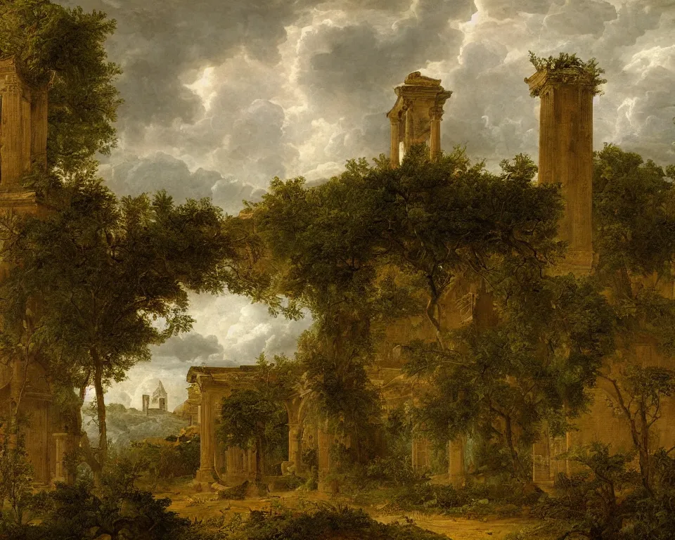 Image similar to landscape painting of Roman basilica overgrown with verdant foliage, during a thunderstorm, by hermann corrodi.