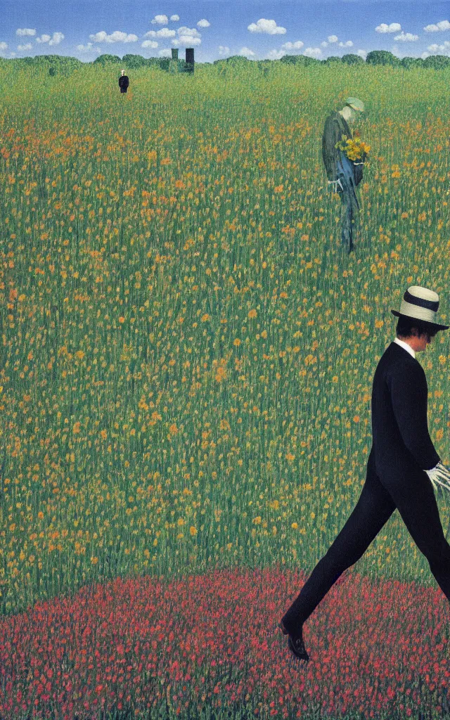 Prompt: human skeleton in a suit looking at you at distance in beautiful meadow of flowers, detailed painting by rene magritte