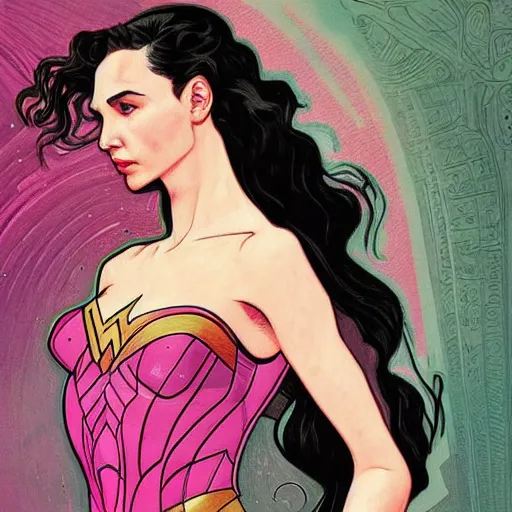 Prompt: a moderne painting of gal gadot as the pink power ranger in the style of charlie bowater, and in the style of alphonse mucha. sharp focus, semi - realism, intricate detail.