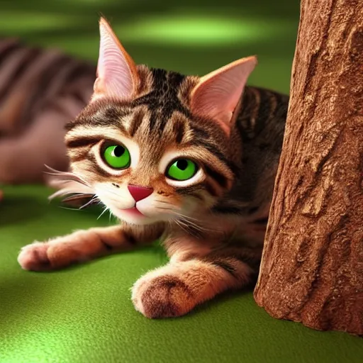 Image similar to pixar movie, brown tabby cat, 3 d, cute pixar _ tabby _ cat in a forest