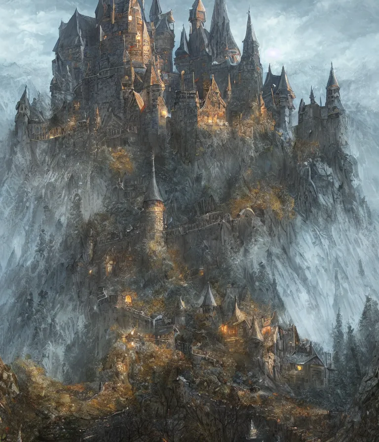 Prompt: view of castle highgarden, digital art, landscape, trending on artstation, highly detailed, beautiful, medieval fantasy, a song of ice and fire.