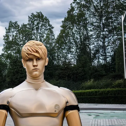 Image similar to a realistic detailed photo of a guy who is an attractive humanoid who is half robot and half humanoid, who is a male android, soccer player martin ødegaard, shiny skin, posing like a statue, blank stare, by the pool, on display, showing off his muscles, humanoid robot, frozen ice statue