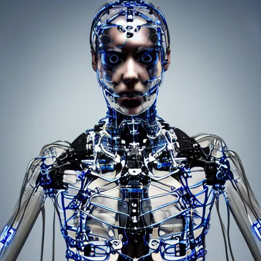 Prompt: profile portrait photo of cybernetic exoskeleton human, transparent body, fashion photography