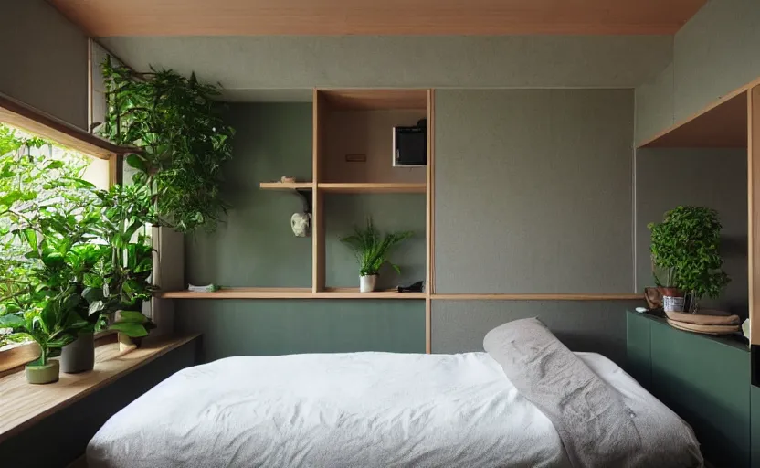 Image similar to a japanese bedroom interior, minimalist, bed, cupboards, wood, concrete, green walls, bright, windows, plants, carpet, moody light, view of a inner courtyard, retro futuristic, earth colors