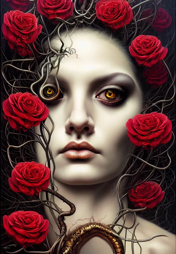 Image similar to , medusa, symmetrical portrait, realistic, full body, black rose, rich detail, by wlop, karol bak photo - grade