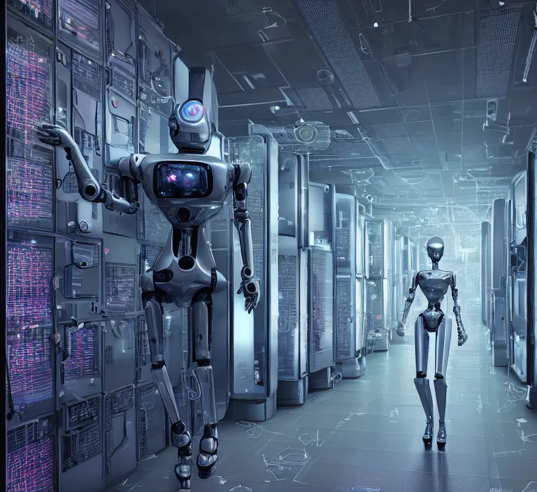 Image similar to hyperrealism stock photography of highly detailed stylish robot in sci - fi style by gragory crewdson and katsuhiro otomo, mike winkelmann with many details by josan gonzalez working at the highly detailed data center by mike winkelmann and laurie greasley hyperrealism stock photo on dsmc 3 system rendered in blender and octane render